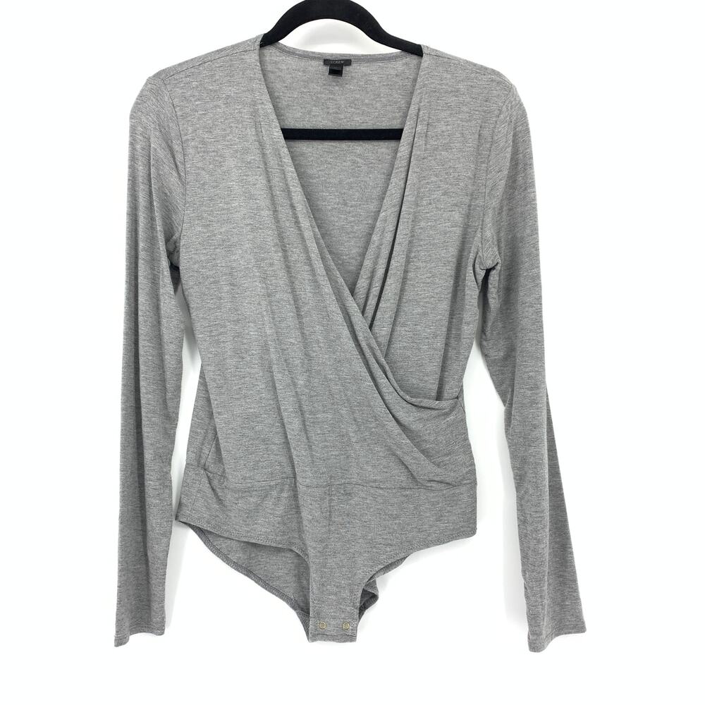 J. Crew Surplice Faux Wrap Neck Long Sleeve Bodysuit Womens Sz M Heather Gray